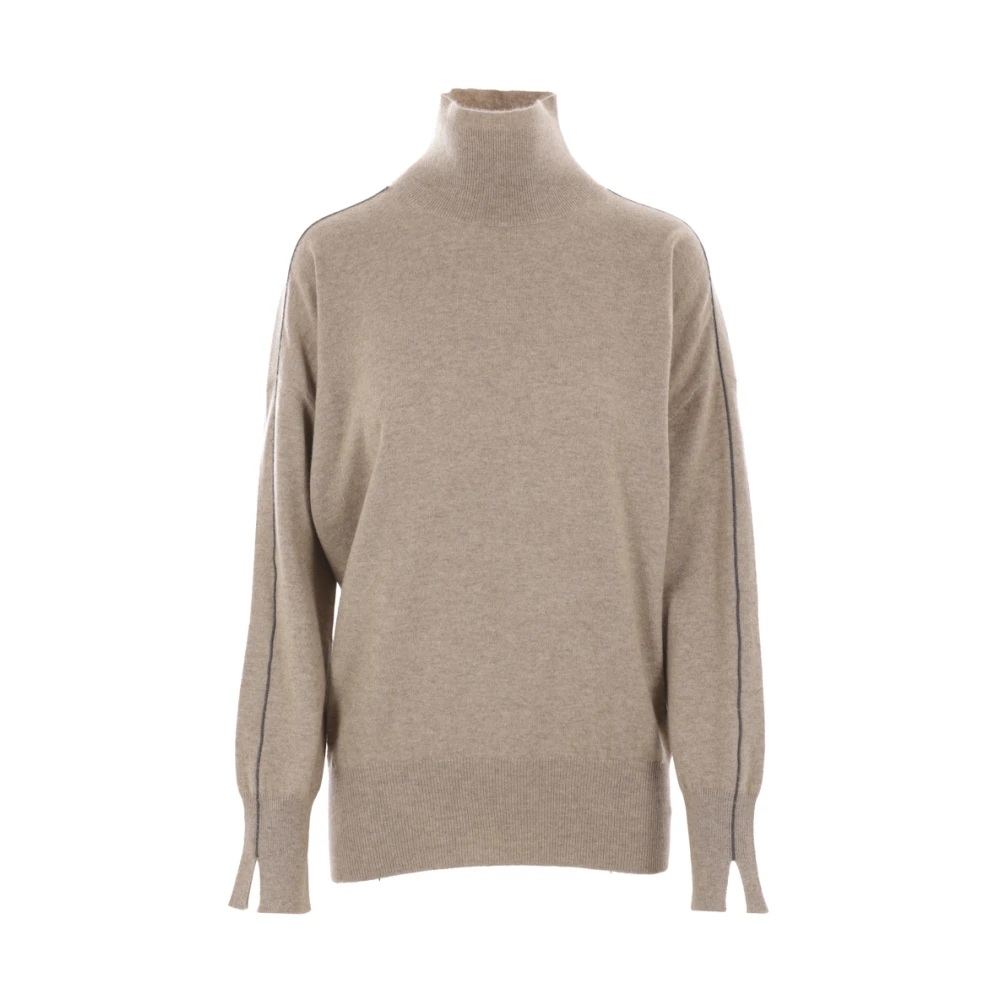 Brunello Cucinelli Kashmir Turtleneck Sweater med Monili Broderi Brown, Dam