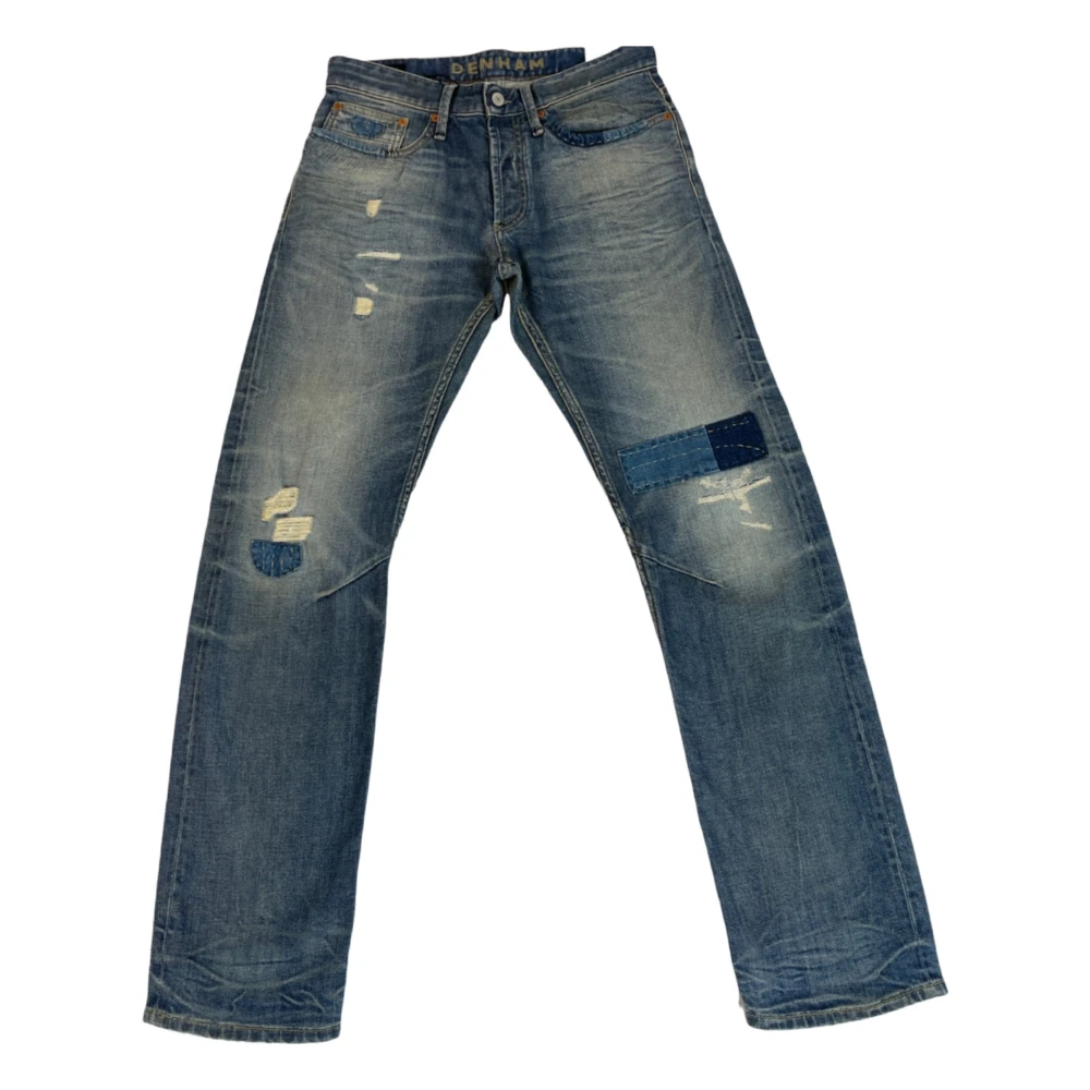 Denham Blue Straight Fit Jeans, Male, W32 L32, Destroyed Straight Fit Dark Jeans With Button Fly