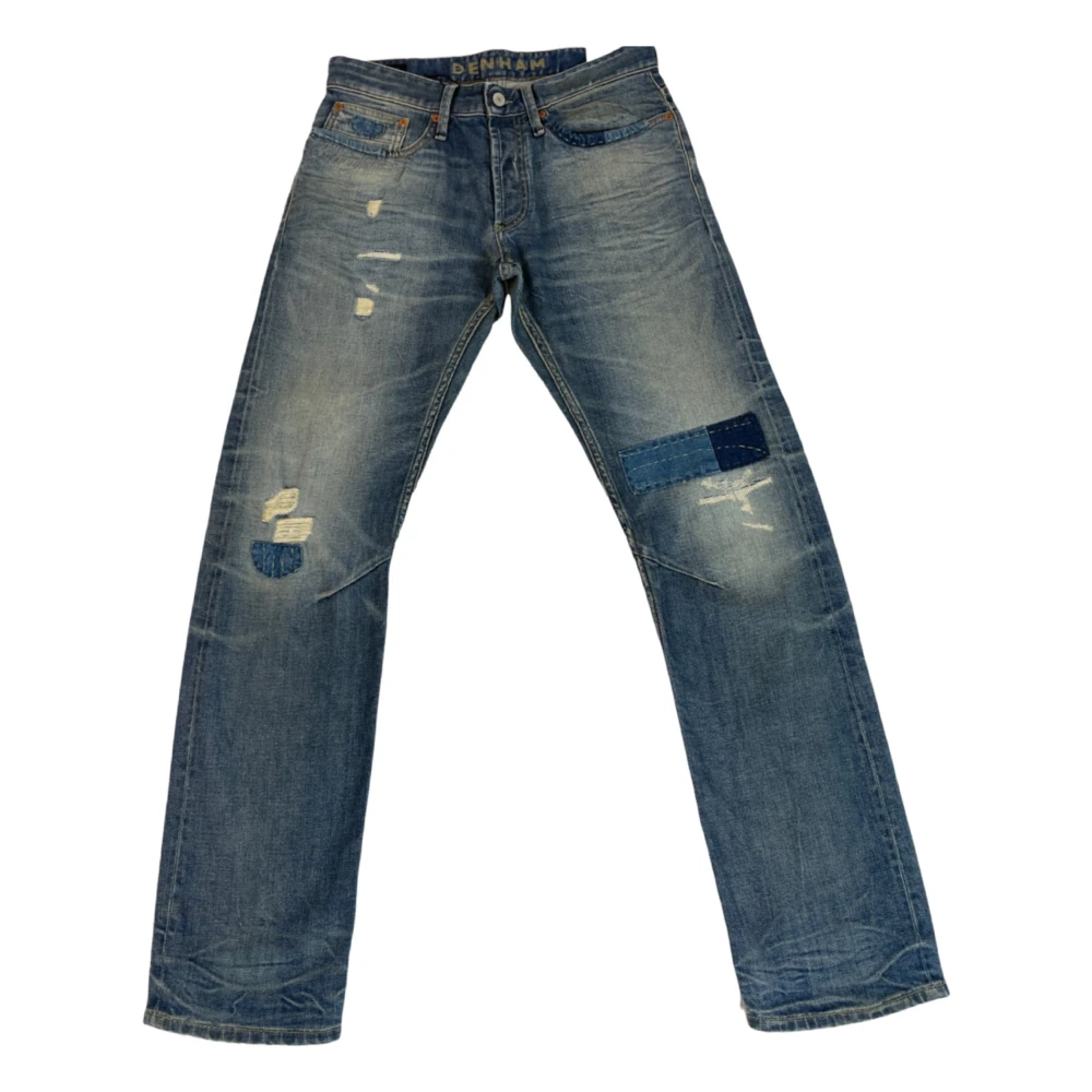 Denham Destroyed Straight Fit Donkerblauwe Jeans met Knoopsluiting Blue Heren