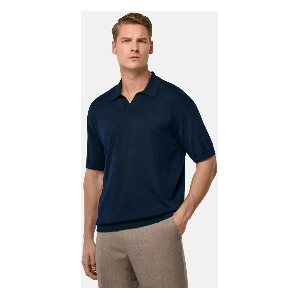 Boggi Milano Katoenen en zijden gebreid poloshirt Blue Heren