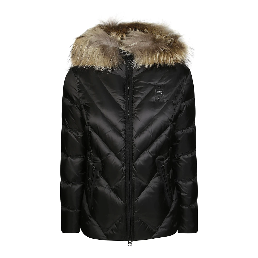 Blauer Gewatteerde jas met capuchon en bont Black Dames