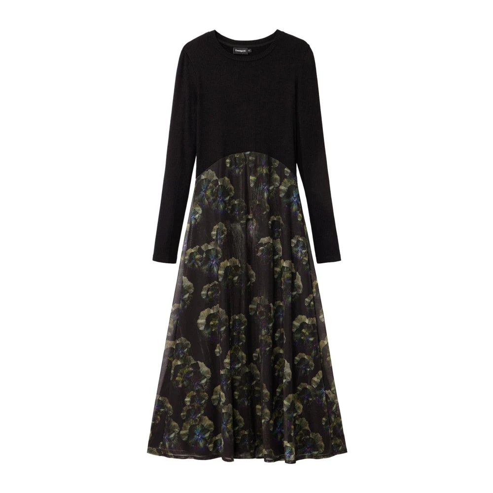 Desigual Black Floral Print Long Sleeve Midi Dress - Female - Midi Dresses - 2XL - Dresses