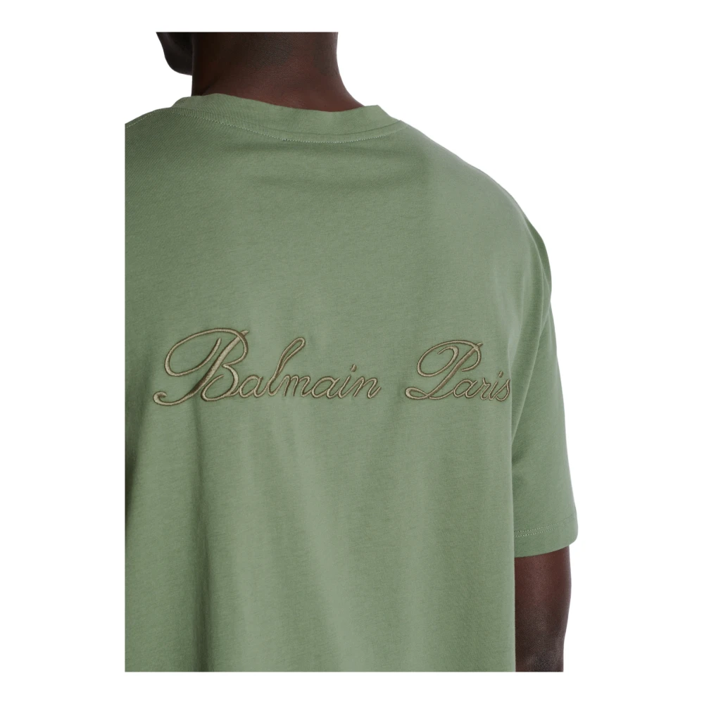 Balmain Losse T-shirt met Balain Signature borduurwerk Green Heren