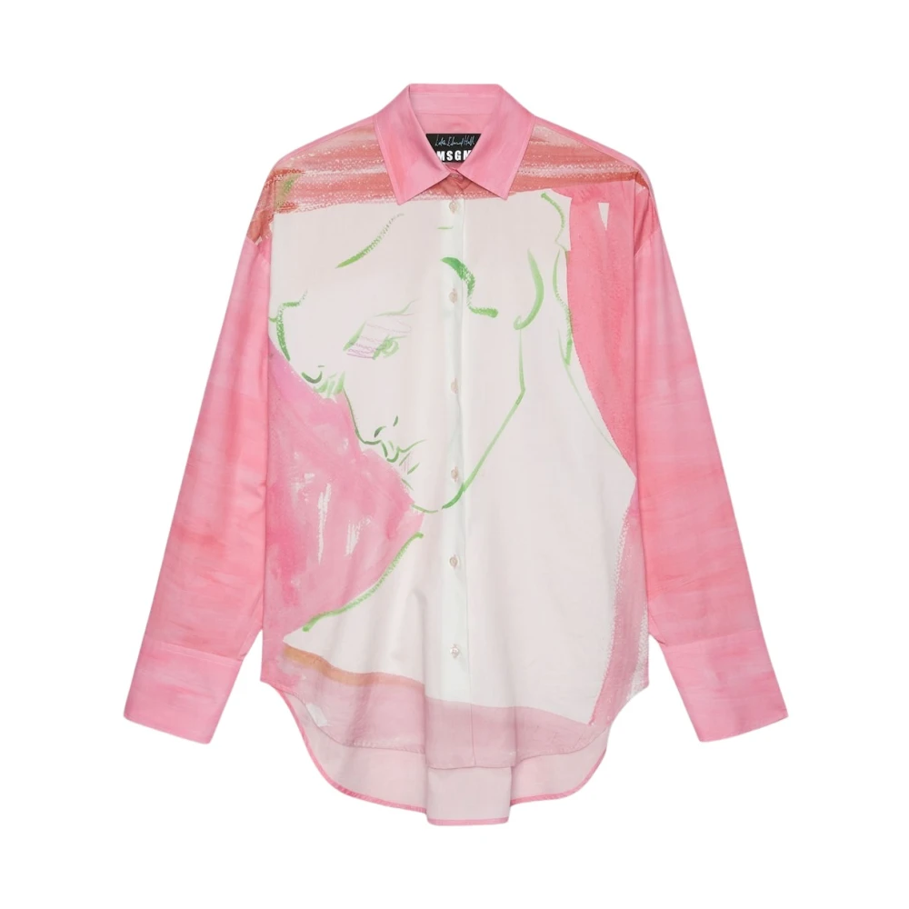 Msgm Women's Pink Shirts, S, Cotton Poplin Shirt With Printed Design