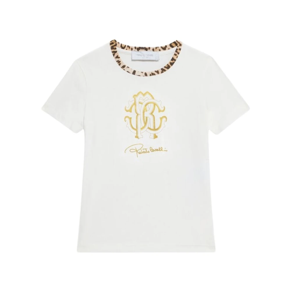 Roberto Cavalli Leopard Trim Crest T-Shirt - Female - Kids Short Sleeve T-Shirts - White - 6 Y - Kids