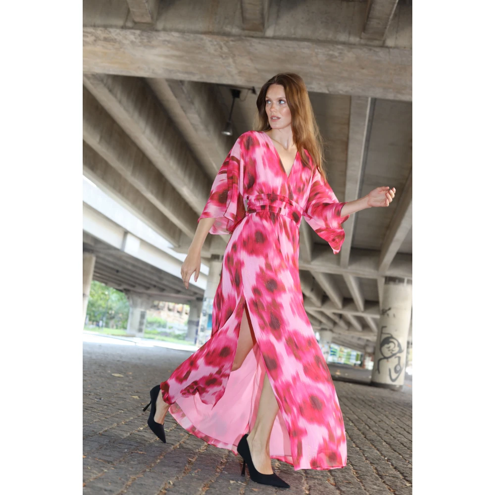 Cras Abstracte Bloemenjurk met Tailleband Pink Dames