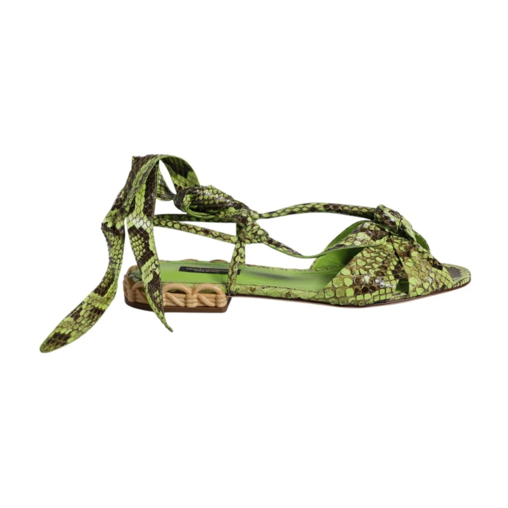 Dolce & Gabbana Women's Green Flat Sandals, 4 1/2 Uk, Animal Print Ankle Wrap Sandals