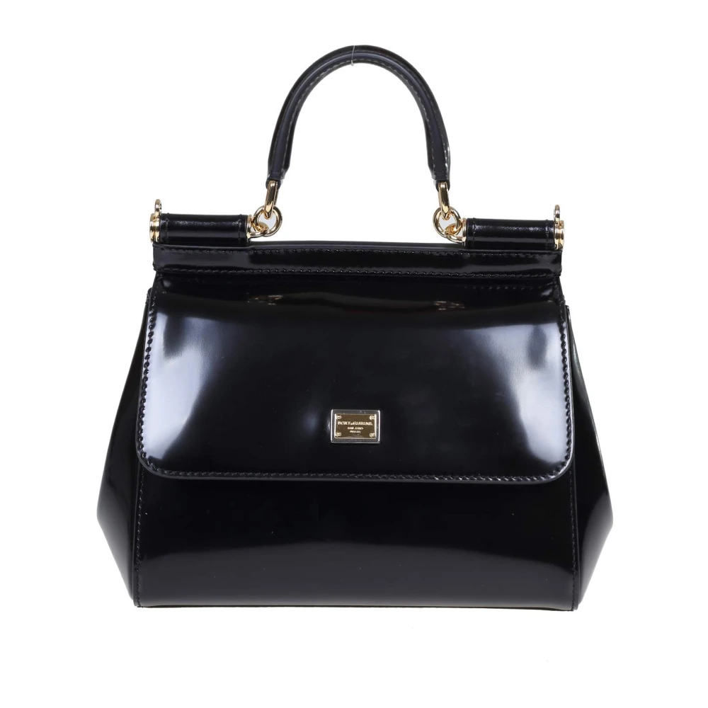 Dolce & Gabbana Kleine Sicilië Tas in Gepolijst Leer Black Dames