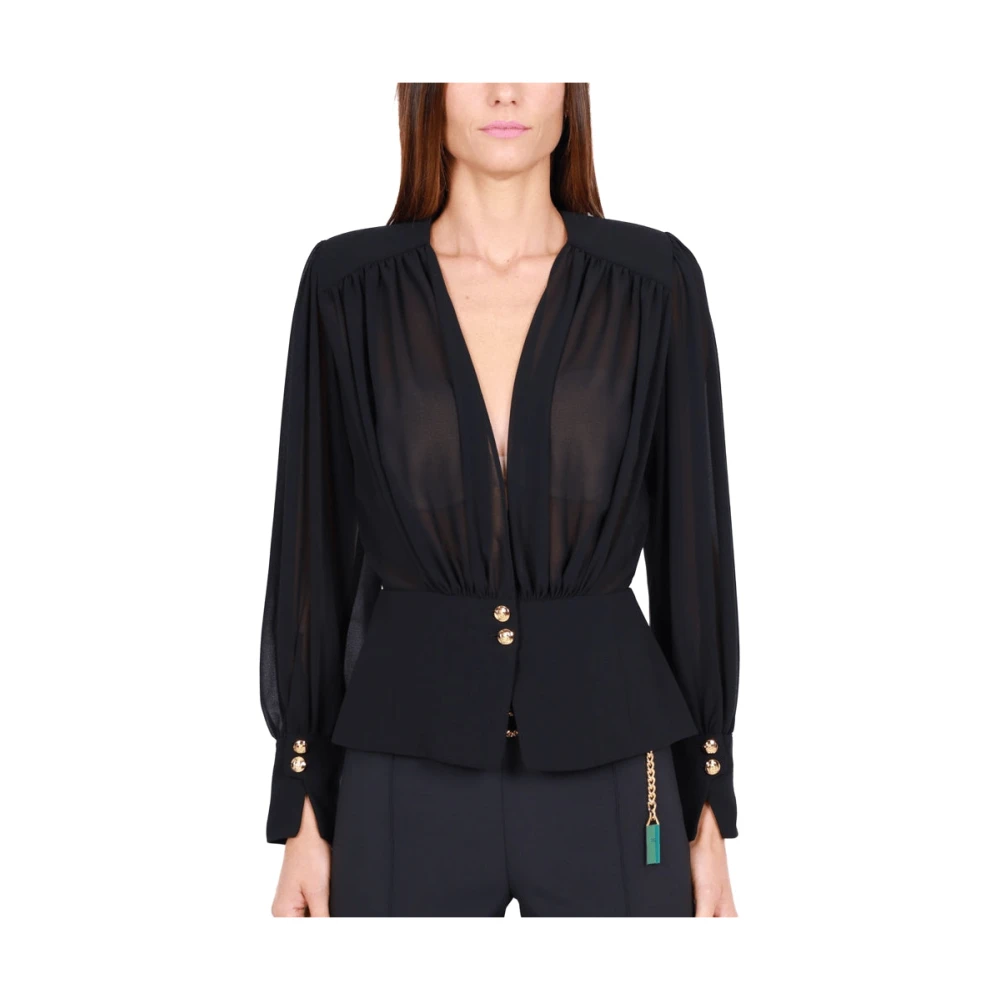 Elisabetta Franchi Zwarte Georgette Cross-Neck Lange Mouw Blouse Black Dames