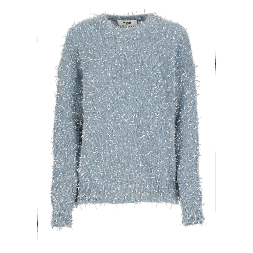 Msgm Lichtblauwe Lurex Sweater Crew Neck Blue Dames