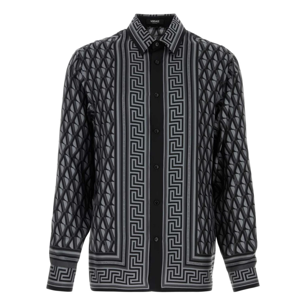 Versace Men's Gray Casual Shirts, Xl, Printed Silk Twill Regular Shirt