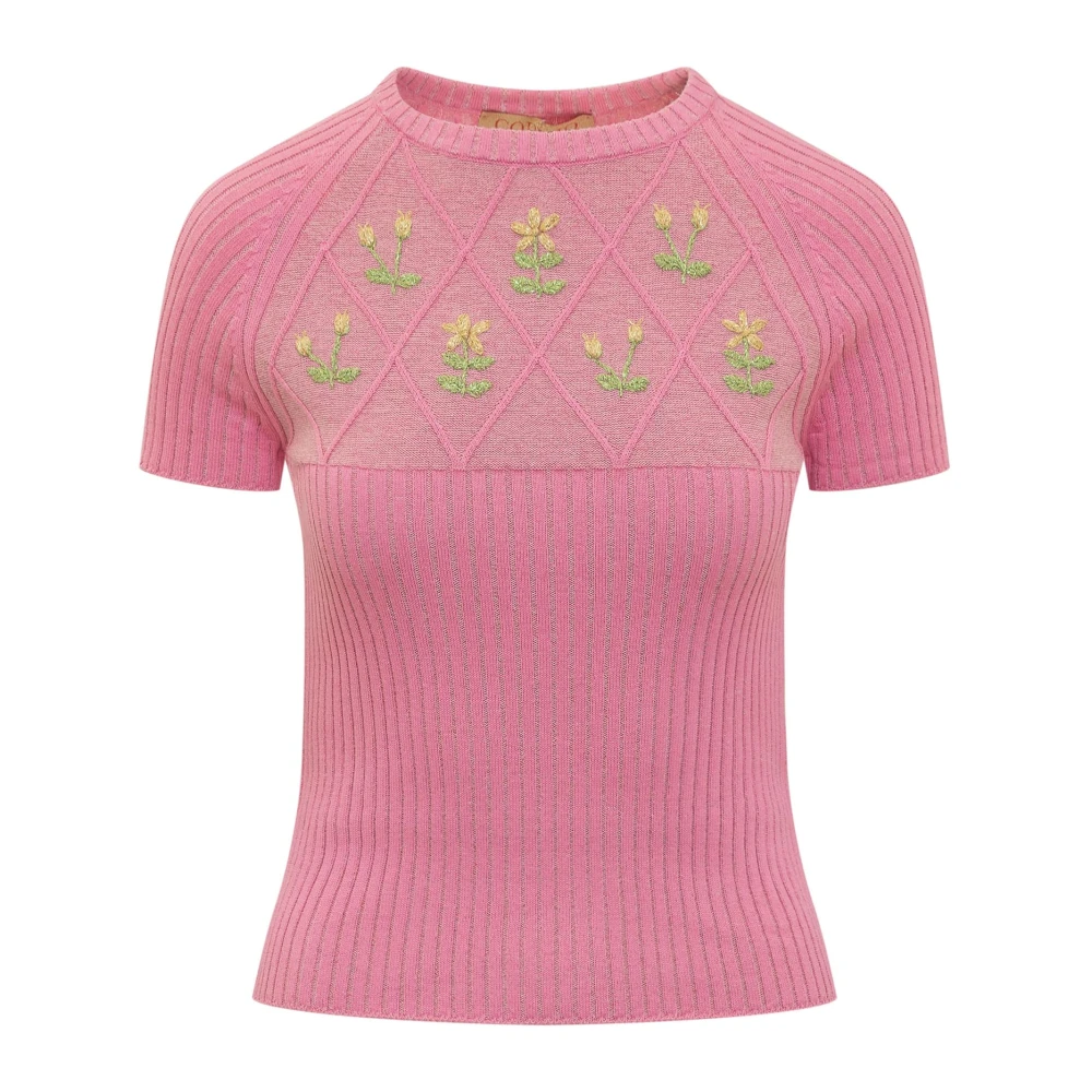 Cormio Bloemen Geborduurd Crew Neck T-Shirt Pink Dames