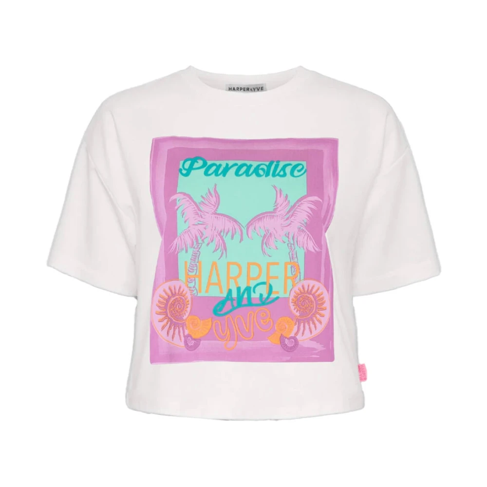 HARPER & YVE t-shirt CROPPED PARADISE met printopdruk wit paars blauw