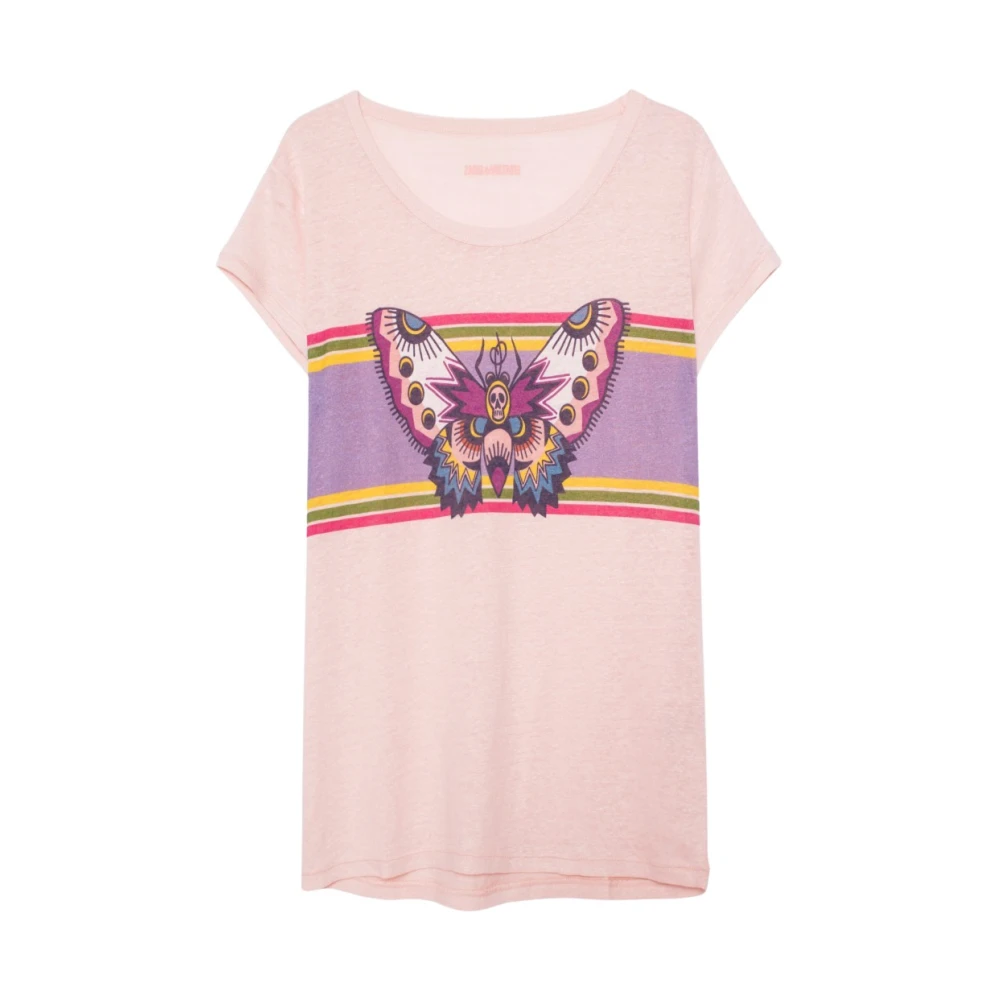 Zadig & Voltaire Vlinder Grafische Linnen T-shirt Pink Dames