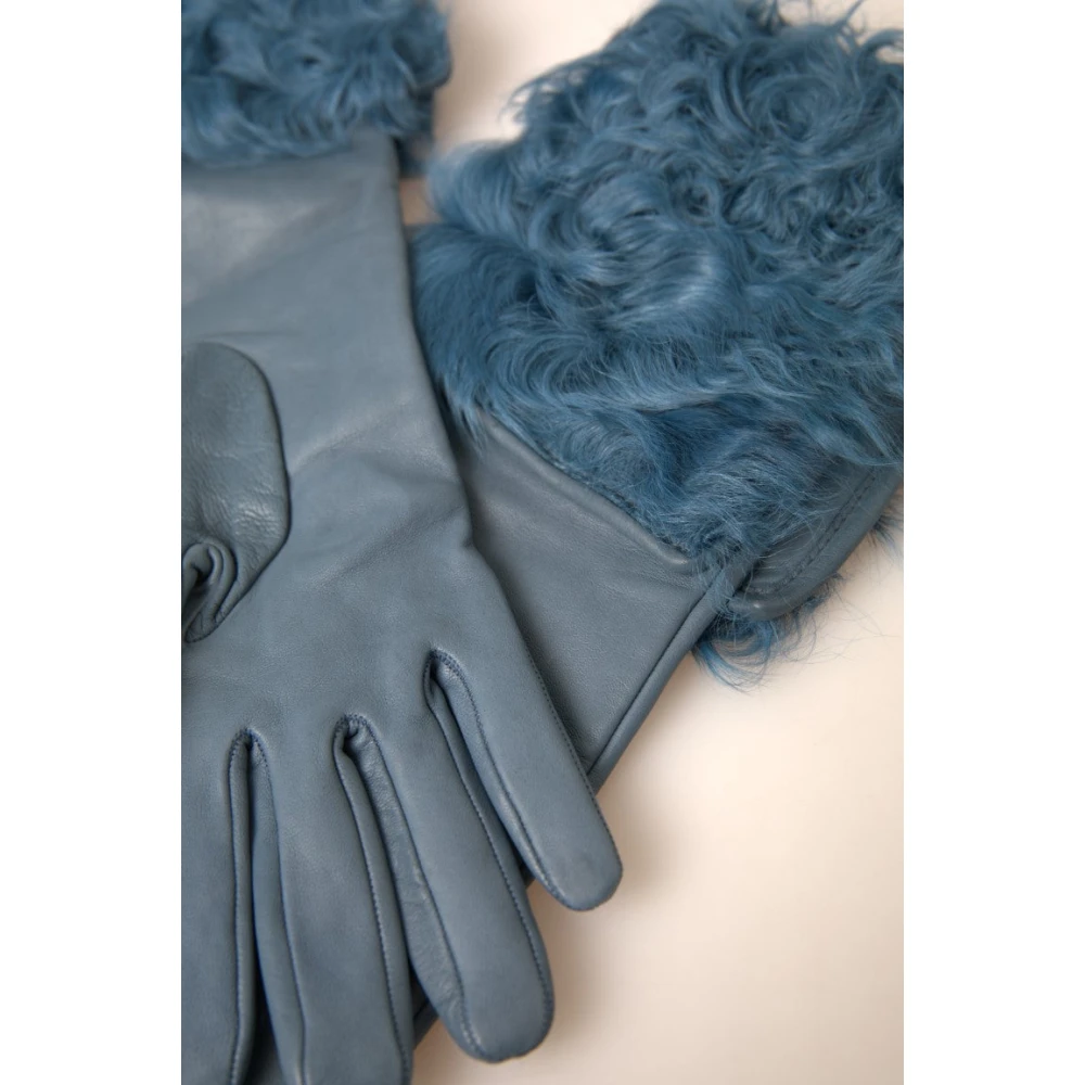 Dolce & Gabbana Luxe Blauwe Leren Handschoenen met Bontafwerking Blue Dames