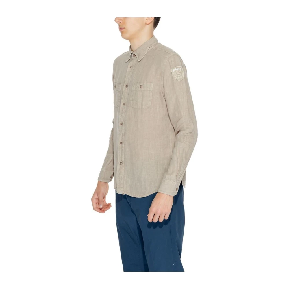 Blauer Beige Linnen Overhemd met Lange Mouwen Beige Heren