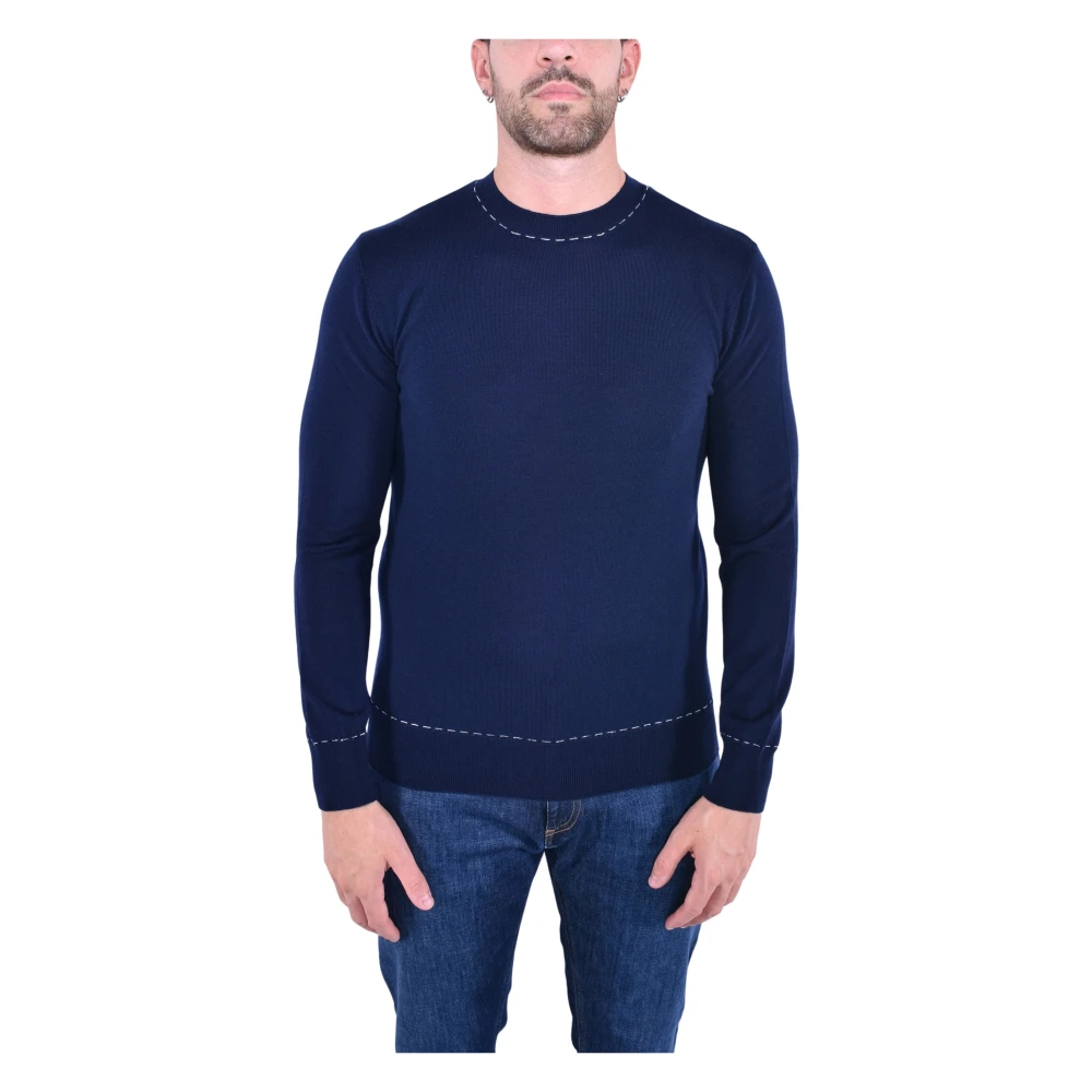 Eleventy Men's Blue Round-Neck Knitwear, 2XL, Stitched Wool Crewneck Jumper