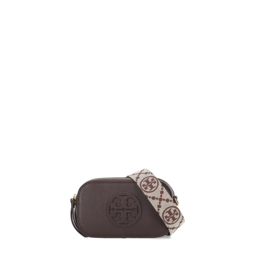 TORY BURCH Bruine leren schoudertas met dubbel T-logo Brown Dames
