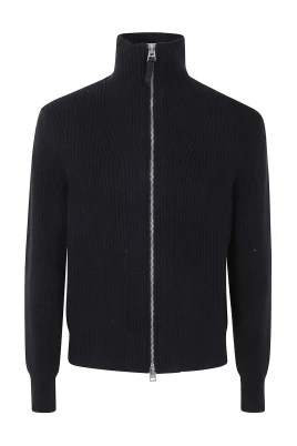 Ribbstickad Full-Zip Tröja med Mock Neck
