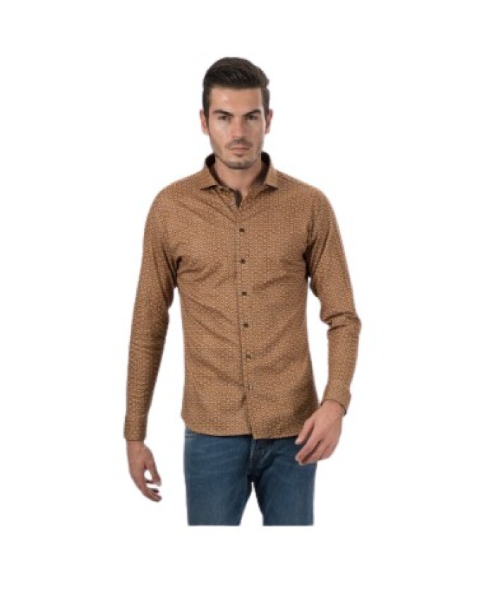 chemise-marron-a-motifs-geometriques-oranges