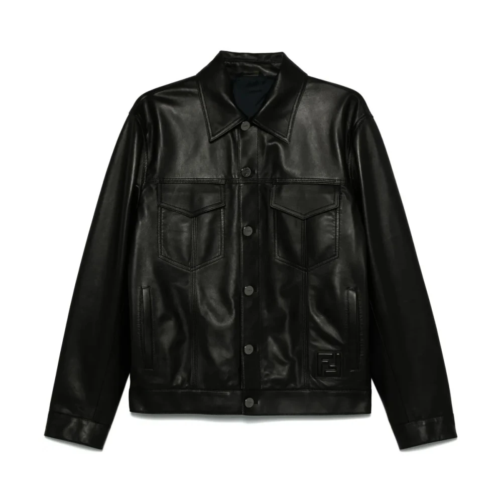 Fendi Zwarte Leren Jas Black Heren