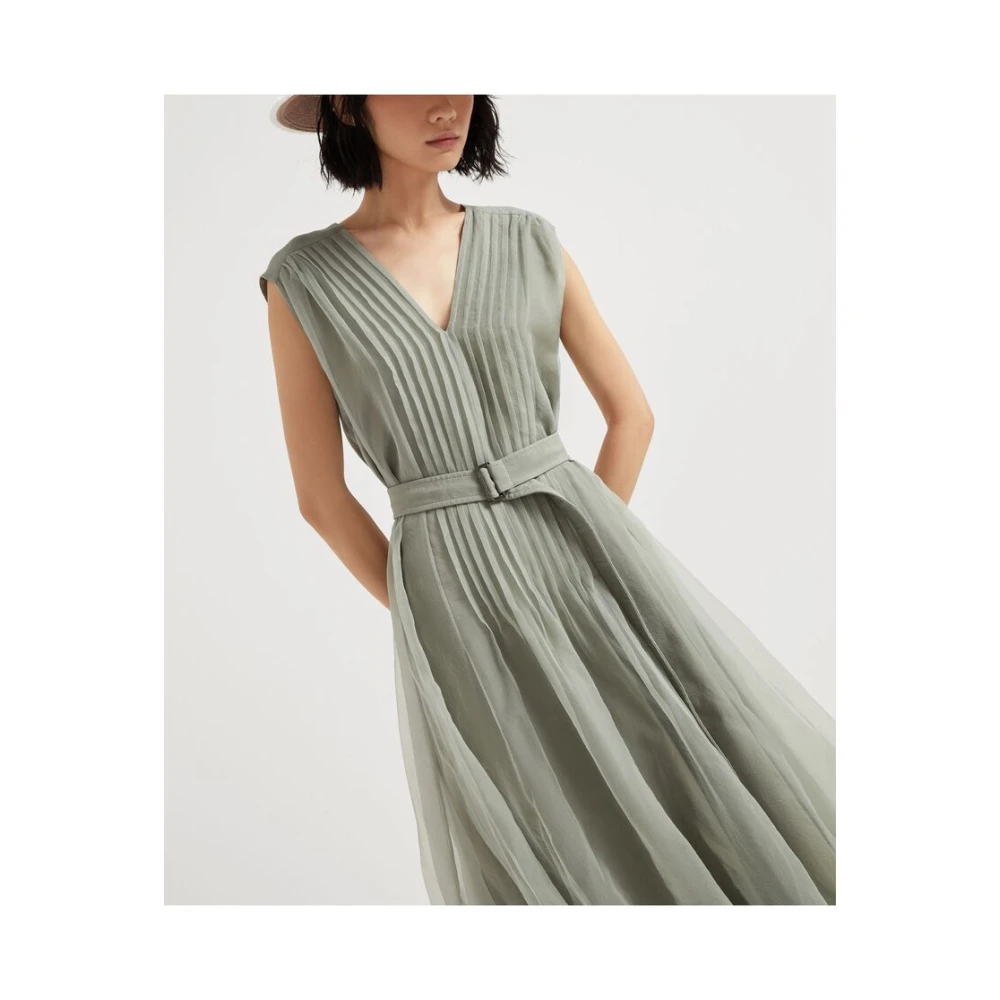 BRUNELLO CUCINELLI Salie Groene Mouwloze V-hals Jurk Green Dames