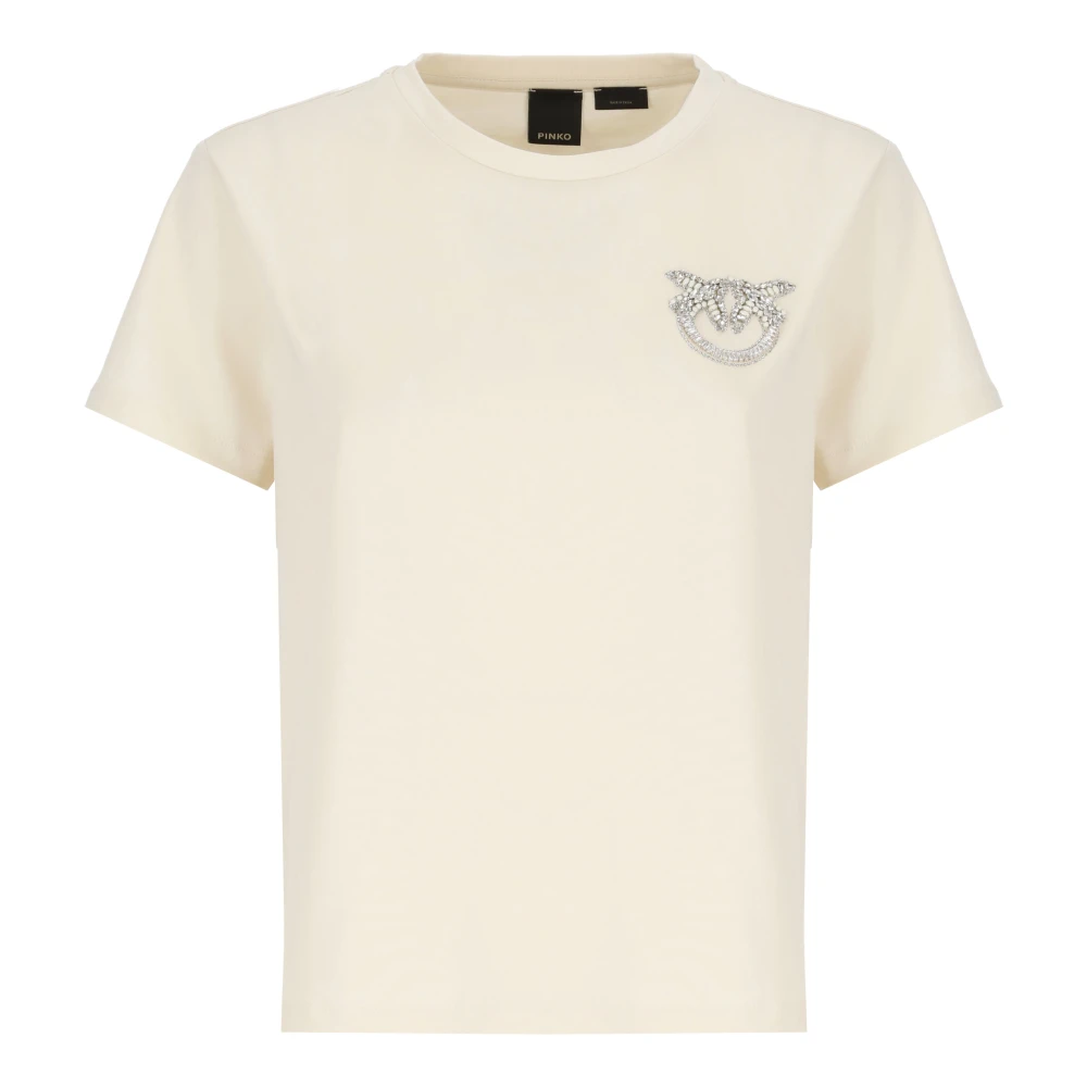 pinko Ivoor Katoenen T-shirt met Strass Logo Beige Dames