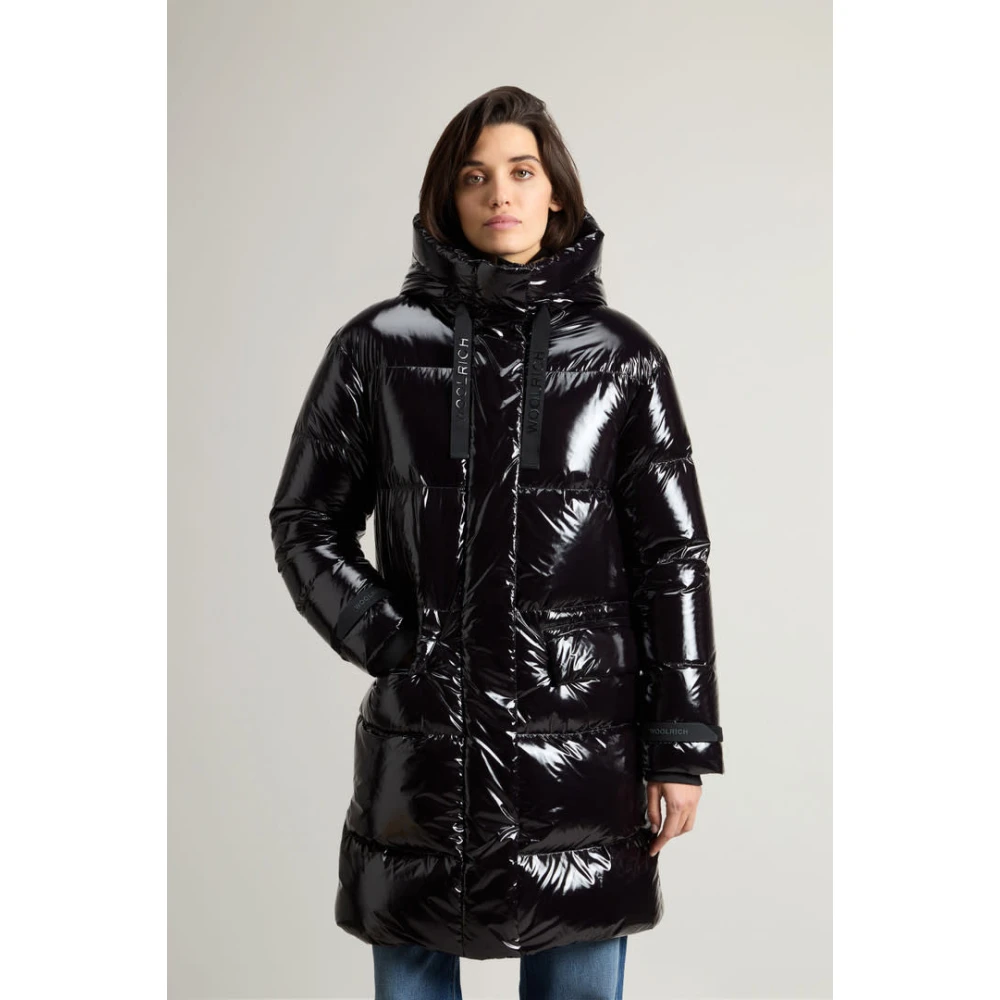 Woolrich Super Glanzende Lange Parka in Zwart Black Dames
