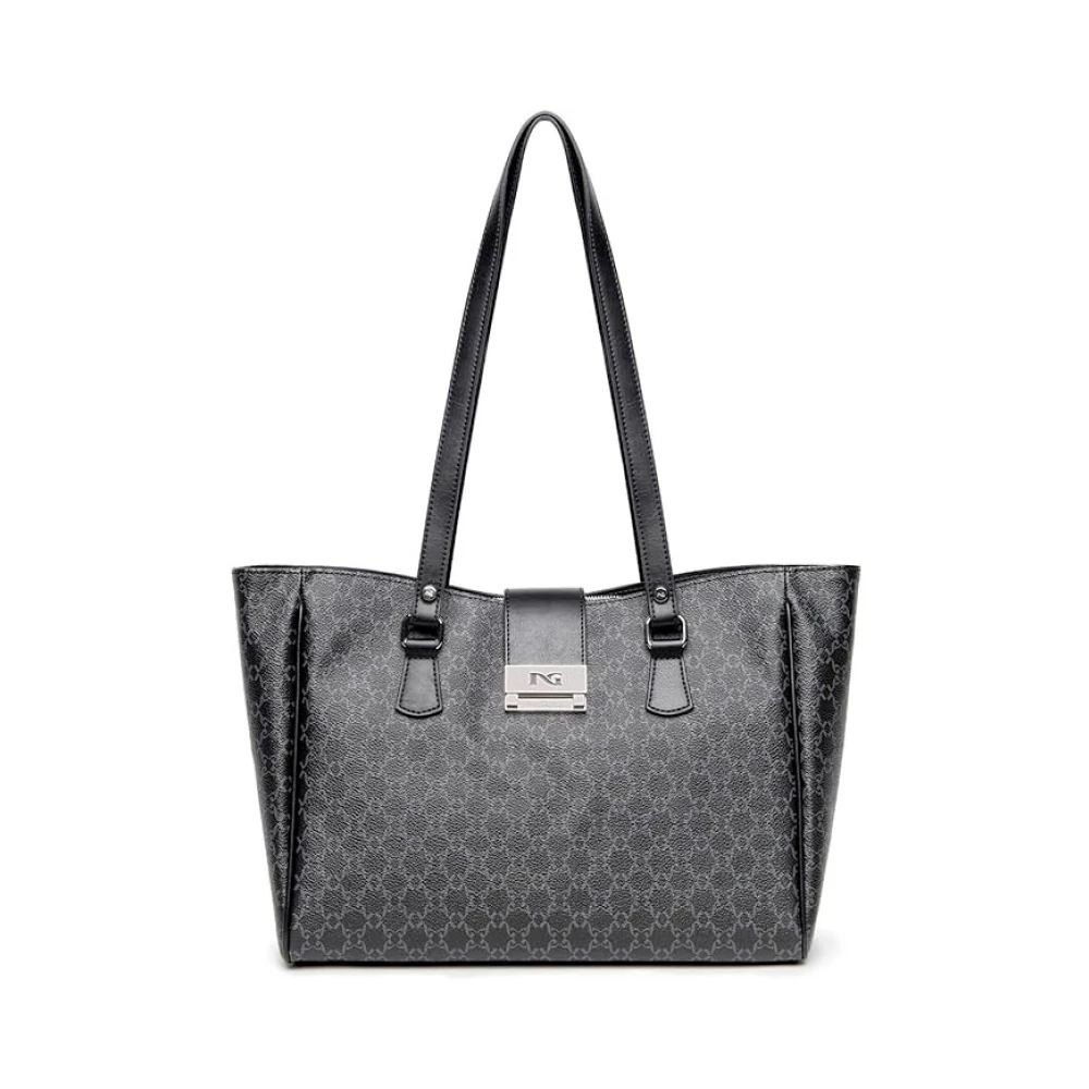 Nerogiardini Zwarte eco-lederen handtas met grijs motief en zilveren rits Black Dames