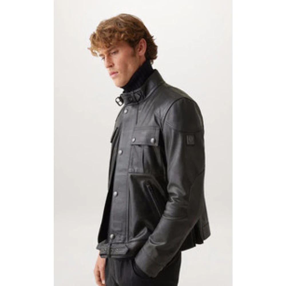 Belstaff Zwarte leren multi-pocket gangsterjas Black Heren