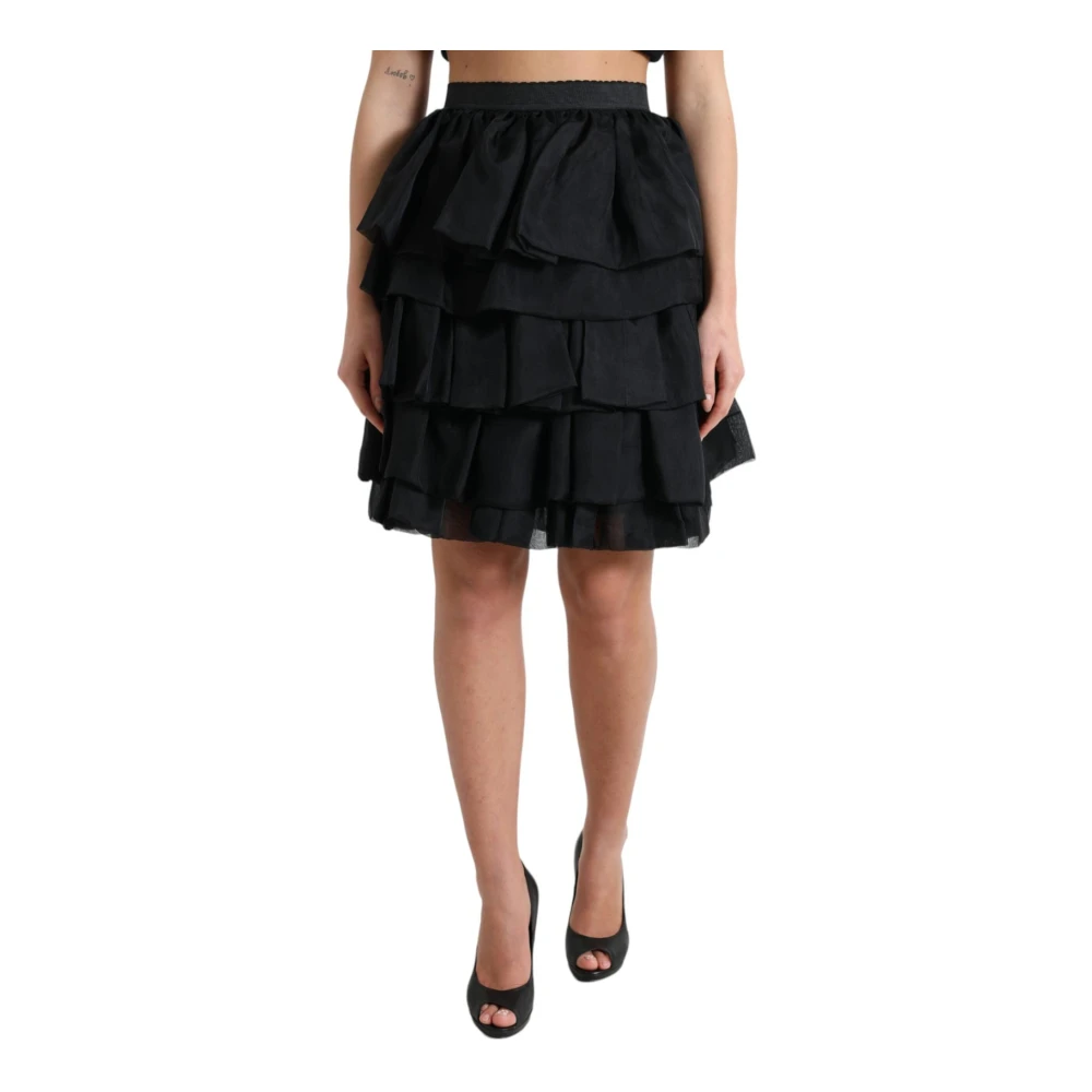 Dolce & Gabbana Women's Black Tiered Aline High Waist Silk Mini Skirt