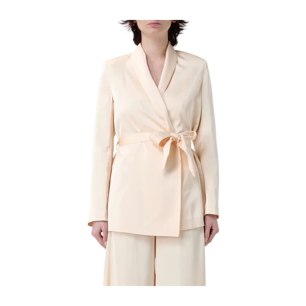 Hanita Beige Elegant Ivory Crepe Blazer Med Midjebälte