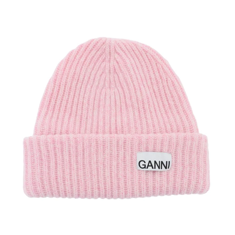 Ganni Women's Pink Ribbed Mélange Beanie Hat With Logo Patch - Accessories - One Size - Accessories