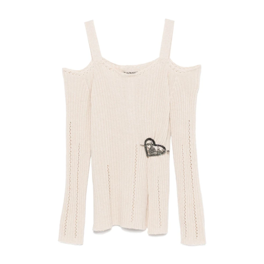 Twinset Beige Ribgebreide Trui met Broche Beige Dames