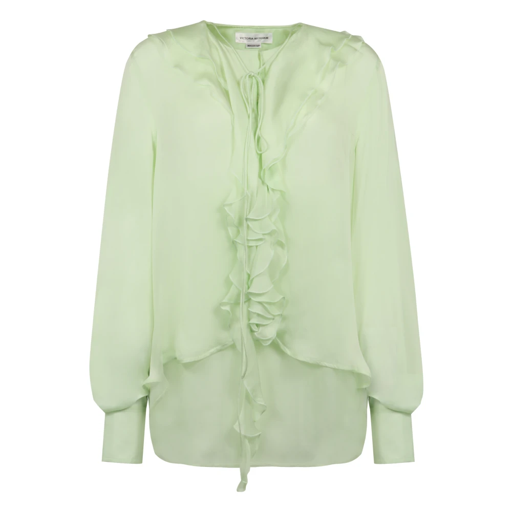 Victoria Beckham Women's Green Ruffled Silk Blouse Front Bow