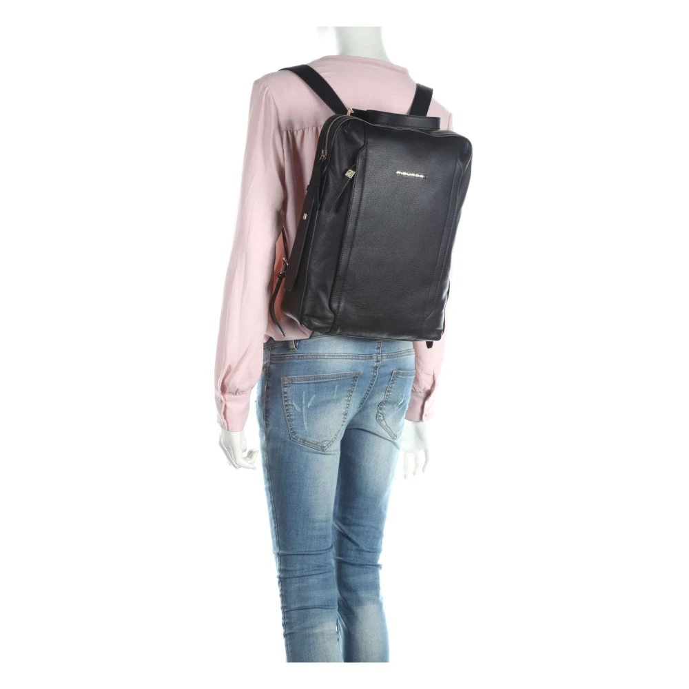 Piquadro Zwarte leren laptoptas met voorvak met rits Black Dames