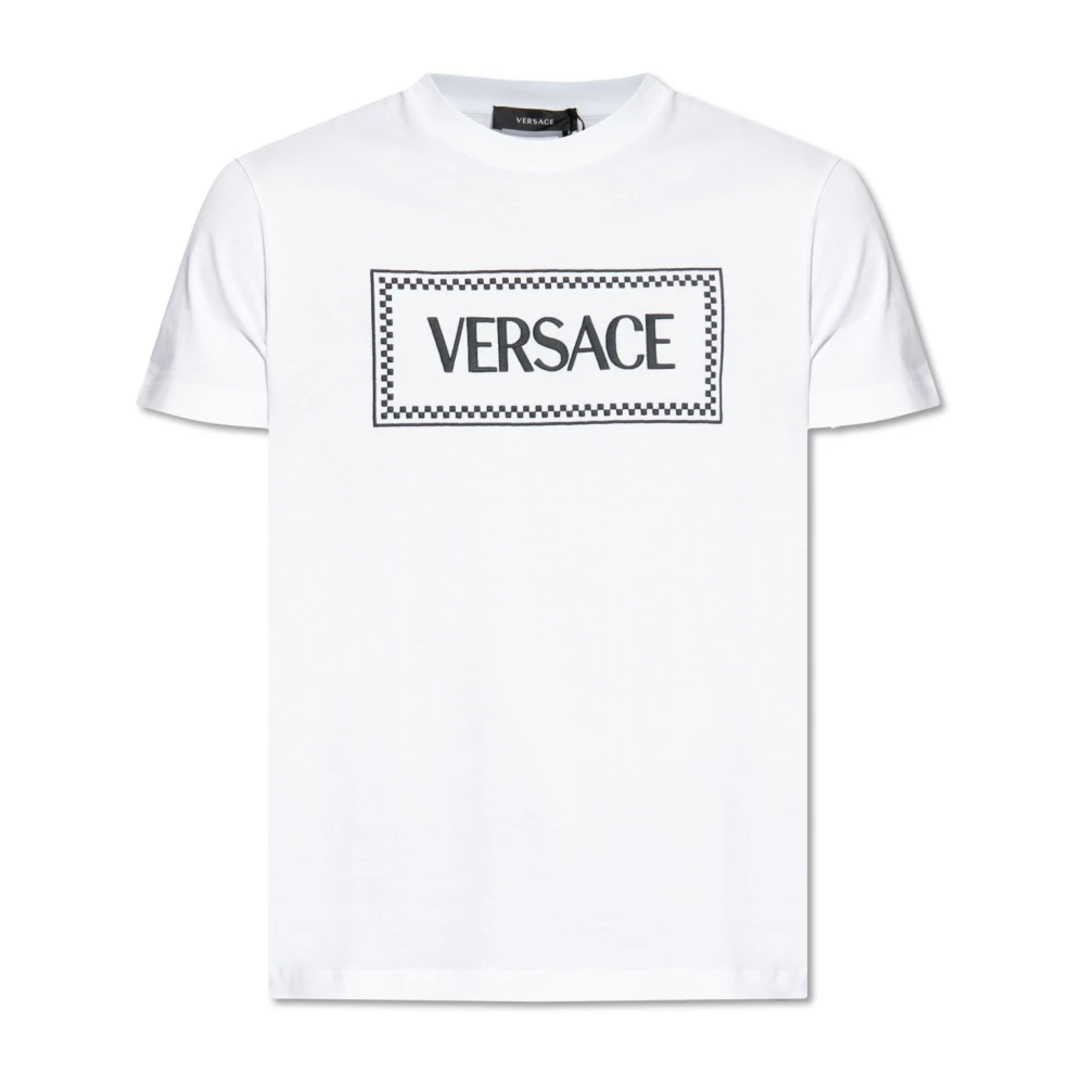 Versace Zwarte Logo Geborduurde Katoenen T-shirt White Heren