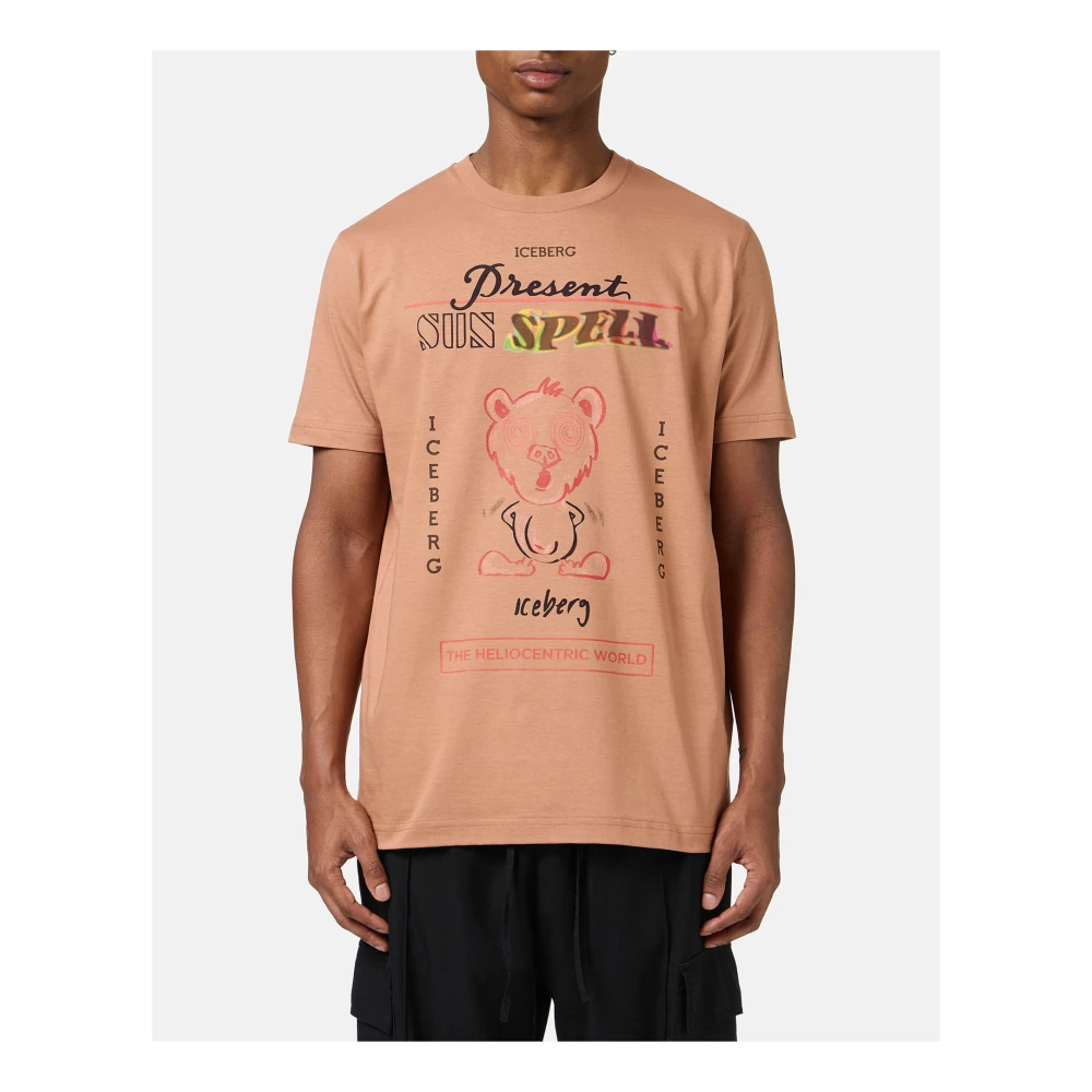 Iceberg Regular fit coccio gekleurde katoenen T-shirt met maxi multicolor Bear print Brown Heren