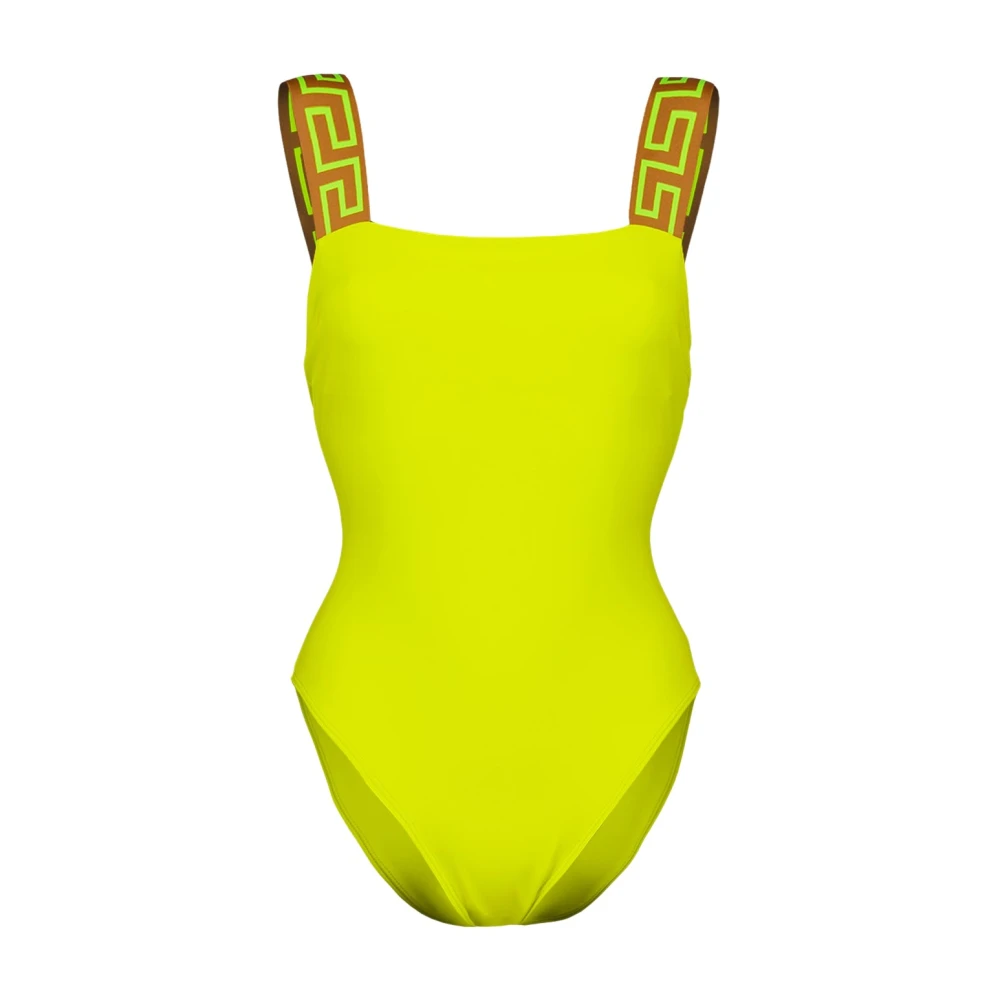 Versace Gele badpak met vierkante halslijn en Greca-motief Yellow Dames