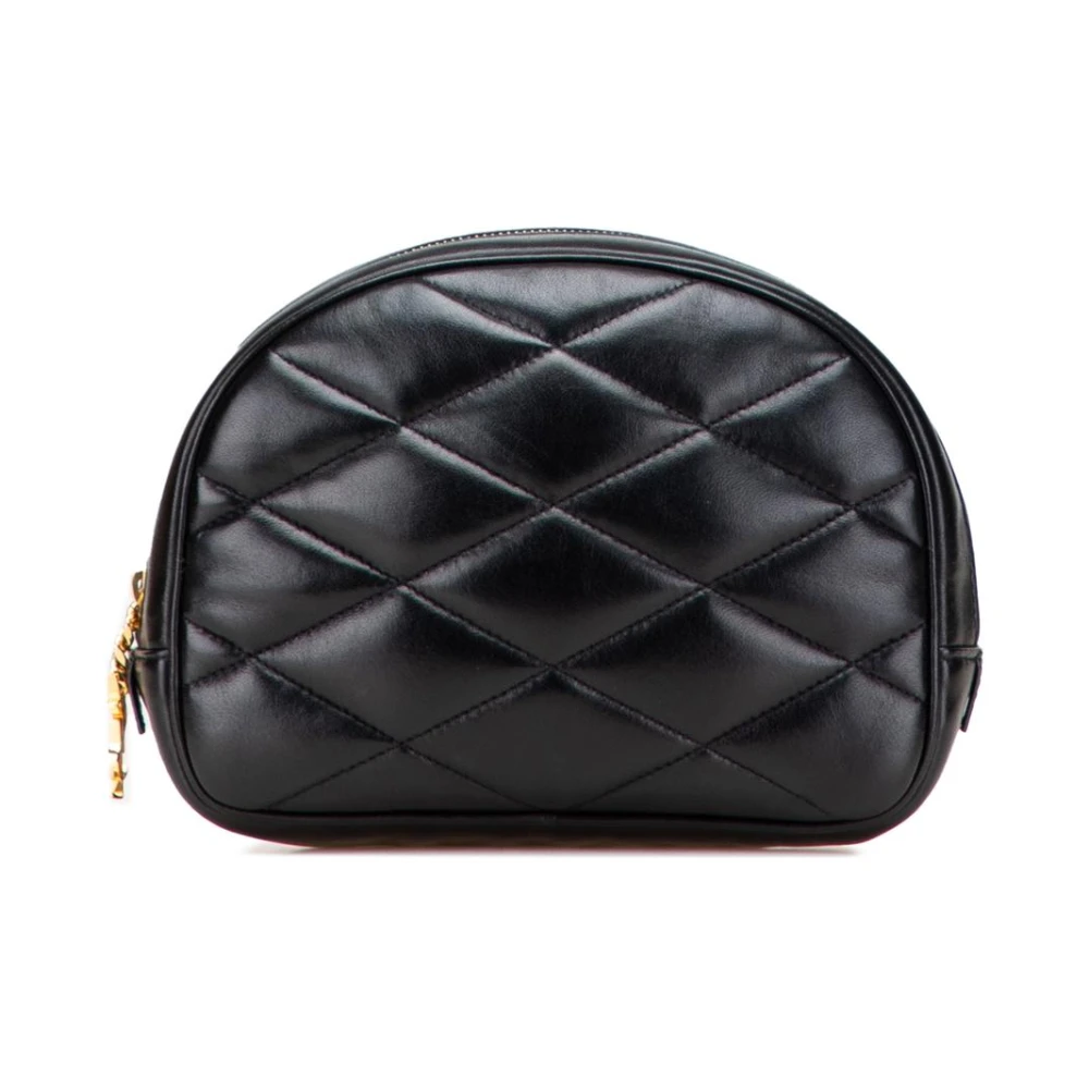 Saint Laurent Vintage Women's Black Pre-Owned Quilted Cosmetic Pouch With Zipper Closure And Chain Accent