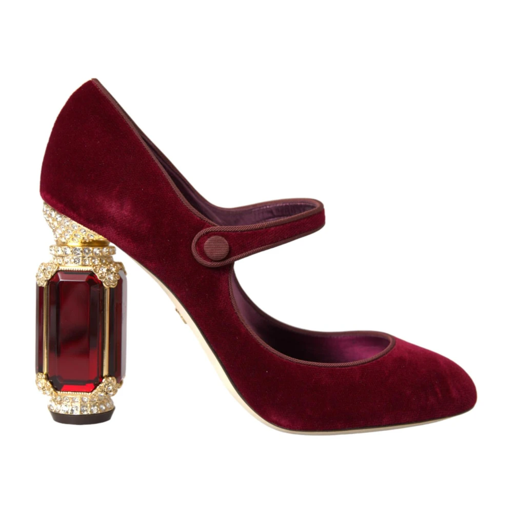 Dolce & Gabbana Burgundy Velvet Jewel Mary Jane Pumps Red, Dam