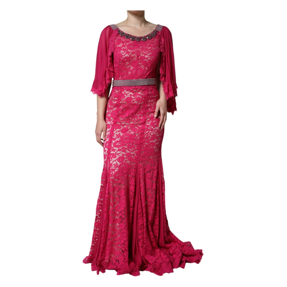 Dolce & Gabbana Women's Pink Gowns, M, Lace Crystal Sheath Long Gown Dress