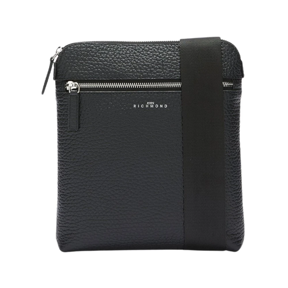 John Richmond Black Hammered Leather Shoulder Bag - Male - Cross Body Messenger - One Size - Bags