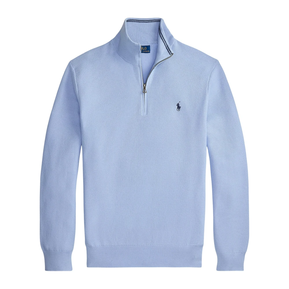 Polo Ralph Lauren Men's Blue Turtlenecks, L, Mesh-Knit Cotton Quarter-Zip Jumper