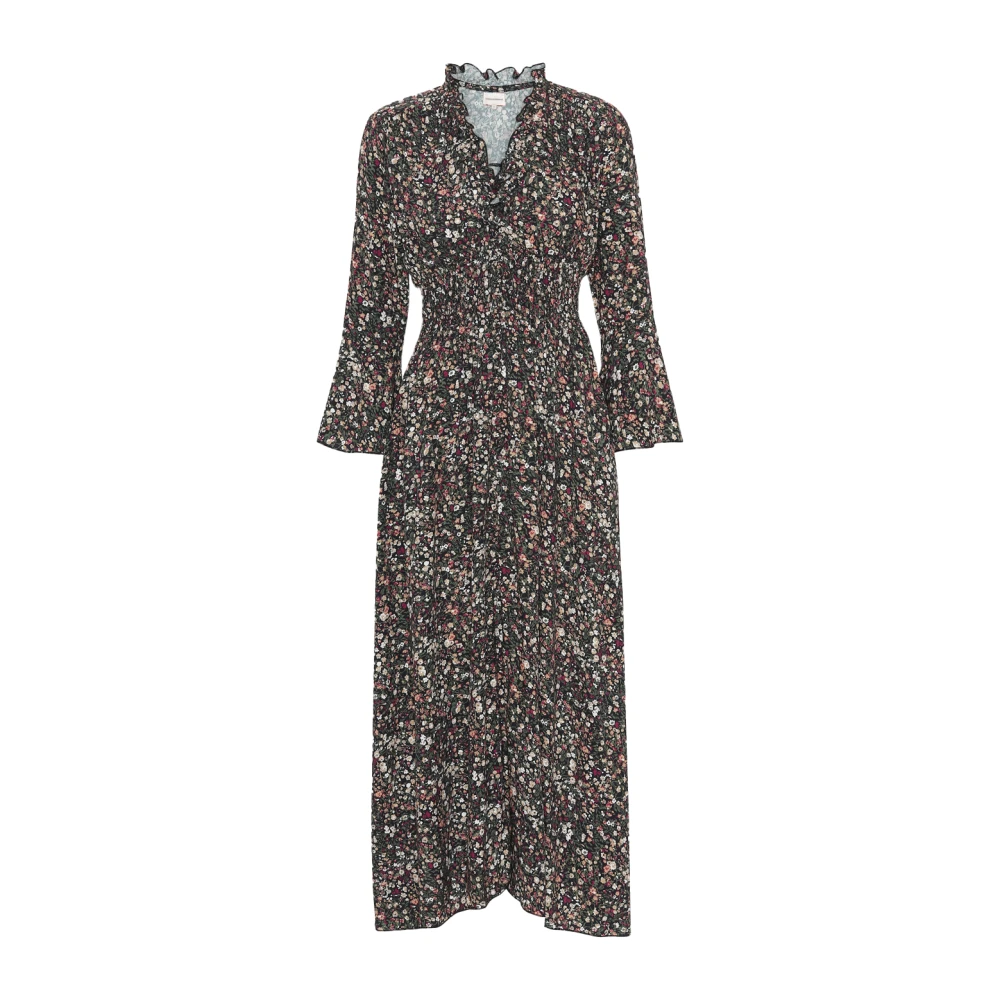 American Dreams Zwarte Bloem Lange Jurk met Smock Taille Gray Dames