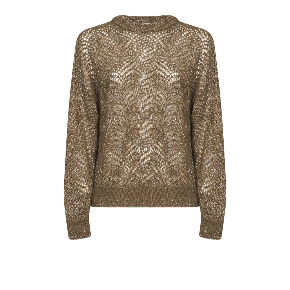 Brunello Cucinelli Round-Neck Knitwear, Female, S, Sequin-Embellished Open-Knit Jumper Brown