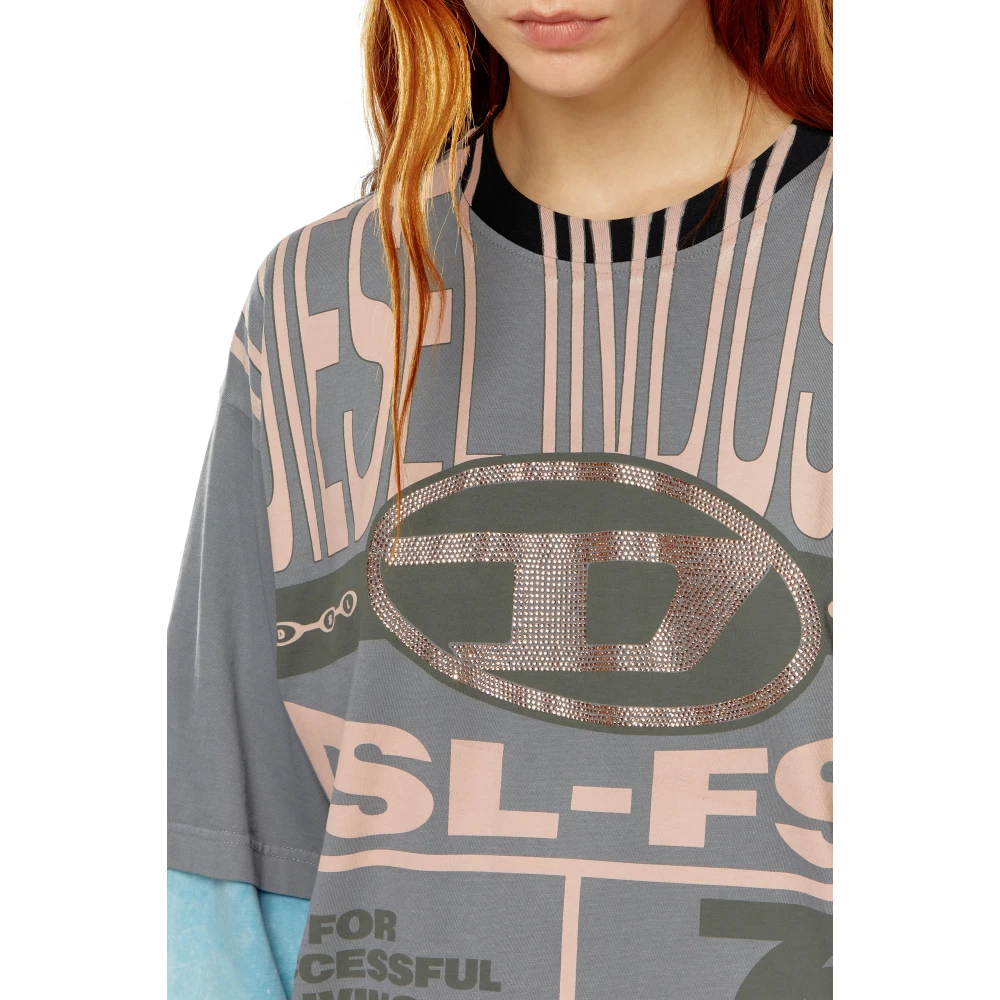 Diesel Layered T-shirt with rhinestone Oval D Gray Dames