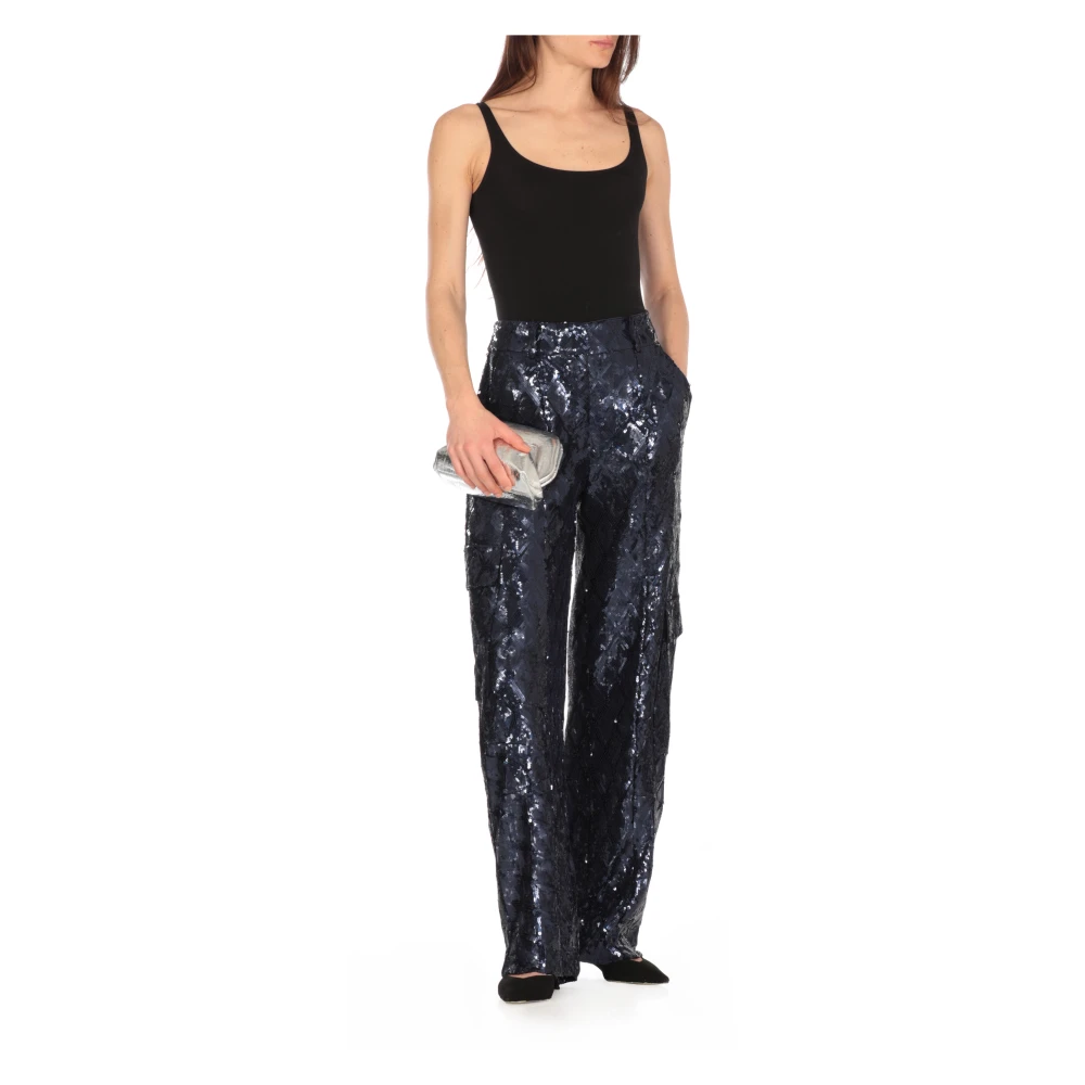 Rotate Birger Christensen Blauwe Paillettenbroek met riemlussen Blue Dames