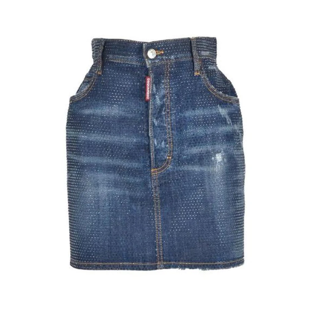 Dsquared2 Kristalwassing Denim Mini Rok Blue Dames