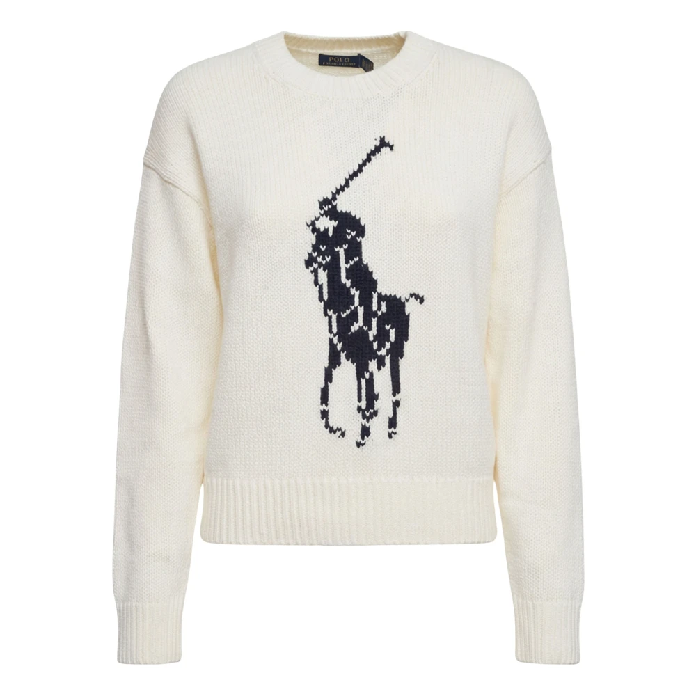 Polo Ralph Lauren Men's White Round-Neck Knitwear, L, Big Pony Intarsia Cotton Jumper